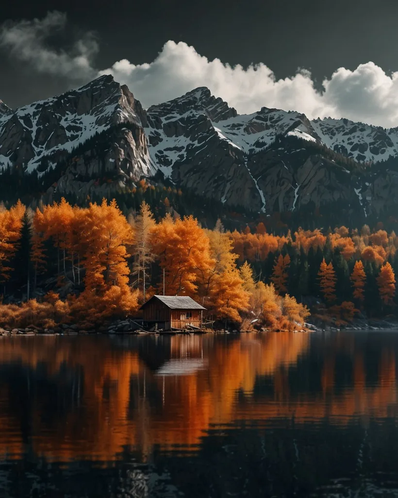 Cabaña junto al lago en otoño