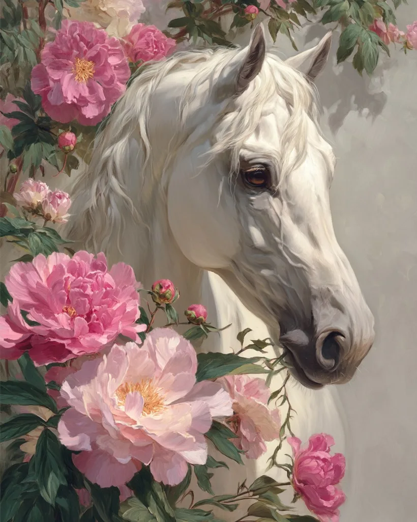 Horse and peonies