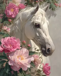 Caballo y peonías